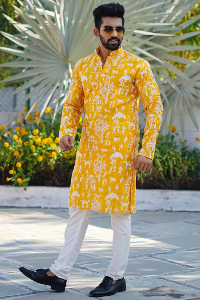 Yellow Chickankari Silk Men's Kurta Set