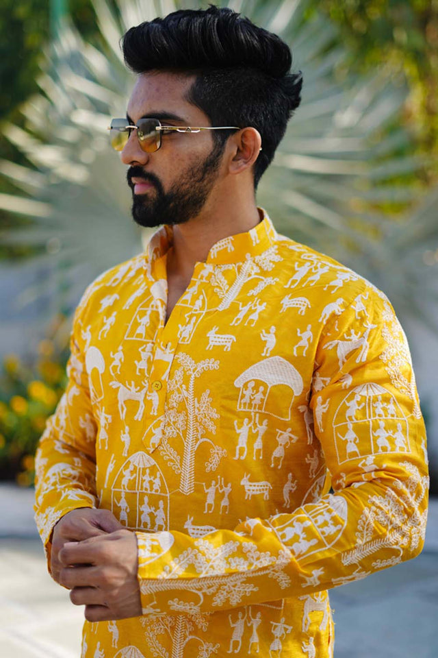 Yellow Chickankari Silk Men's Kurta Set