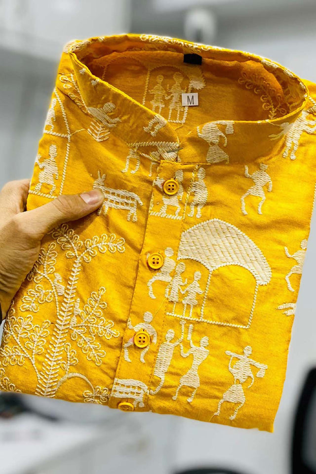 Yellow Chickankari Silk Men's Kurta Set