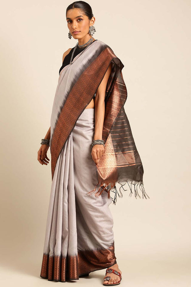 Grey Silk Blend Woven Saree (THMELH4E2079)