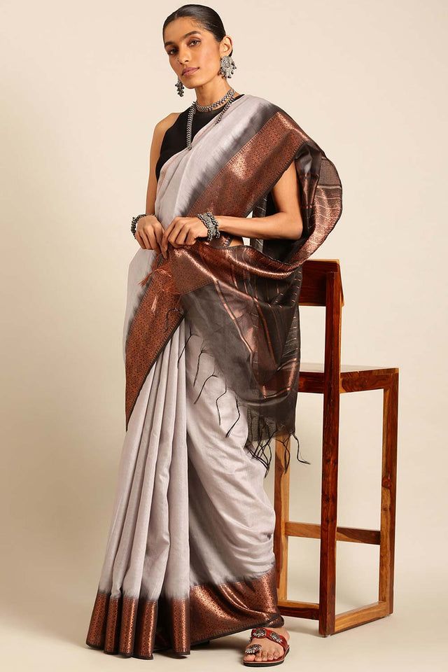 Grey Silk Blend Woven Saree (THMELH4E2079)