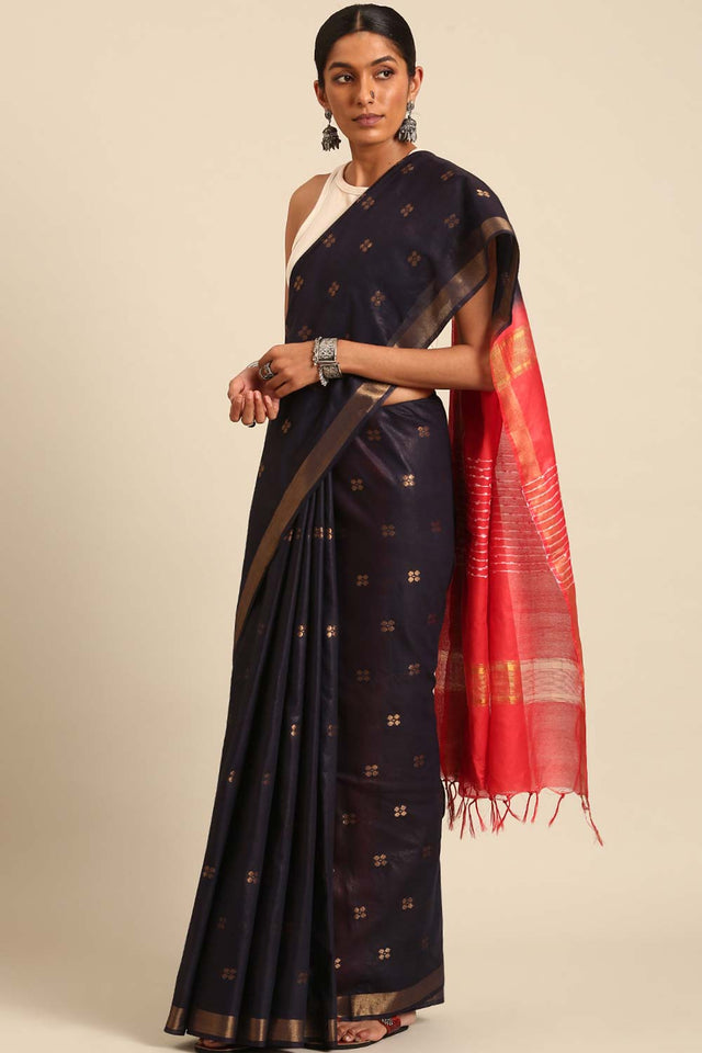 Blue Silk Blend Woven Saree (TJMBRF4H2125)