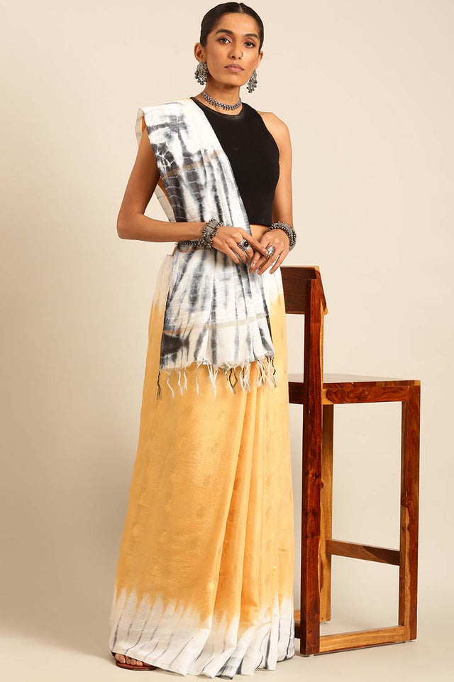 Cream Silk Blend Woven Saree