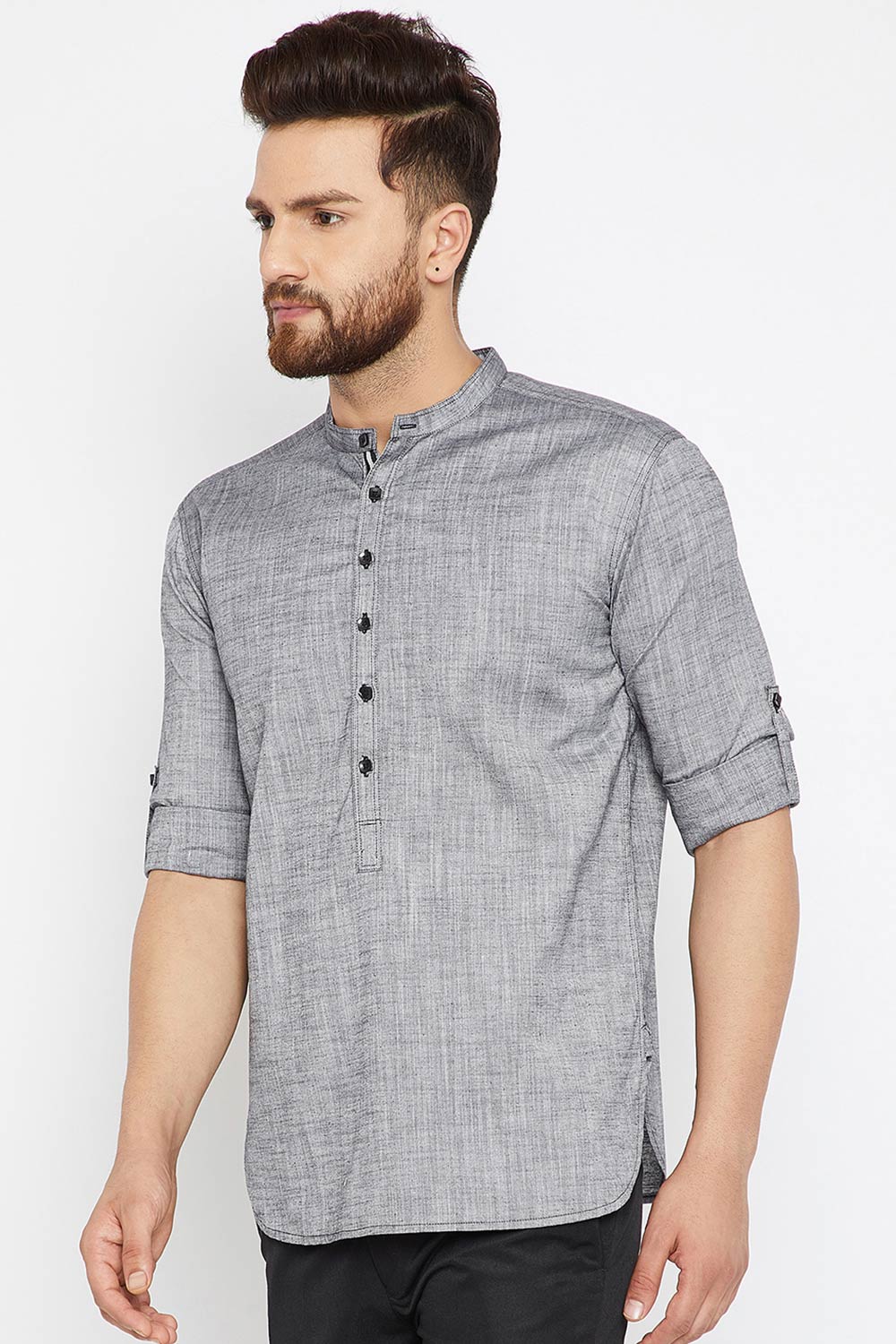 Men's Cotton Solid Short Kurta Top In Grey