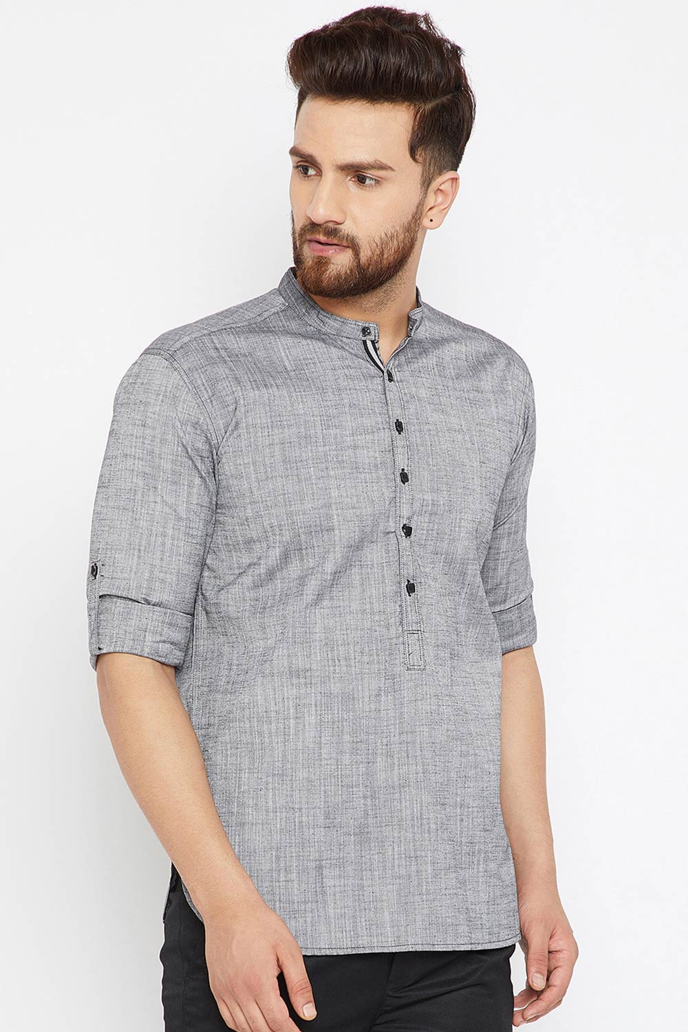 Men's Cotton Solid Short Kurta Top In Grey