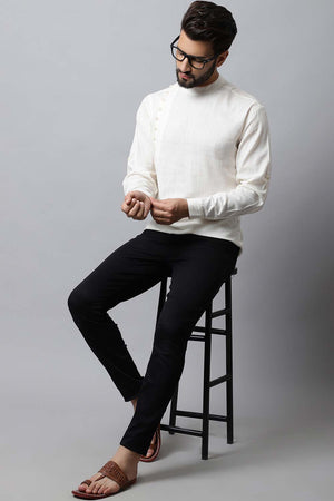 Men's Light White Solid Full Sleeve Short Kurta Top (Size: XS)