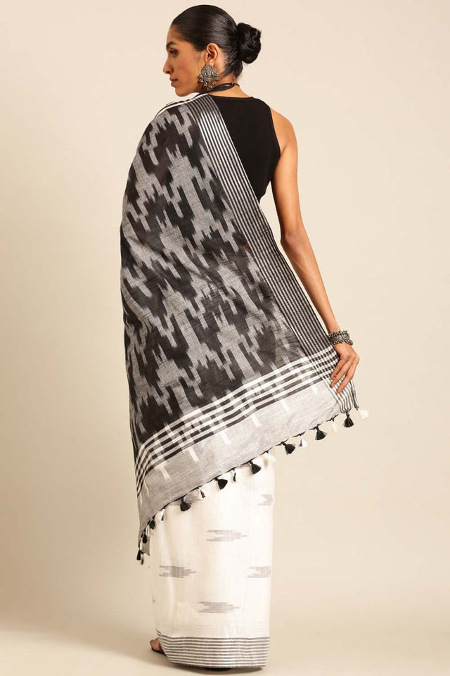 White Linen Blend Woven Saree (TMUWLF4E2070)