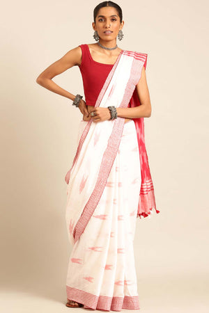 White Linen Blend Woven Saree (TMUWRF4E2071)