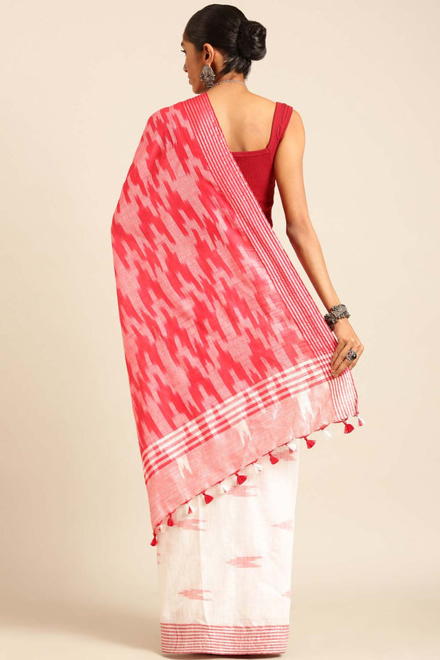 White Linen Blend Woven Saree (TMUWRF4E2071)