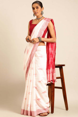 White Linen Blend Woven Saree (TMUWRF4E2071)