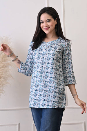 White Floral Printed Rayon Short Kurti