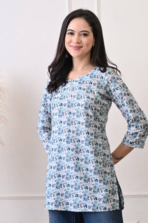 White Floral Printed Rayon Short Kurti
