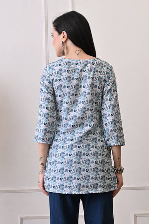 White Floral Printed Rayon Short Kurti