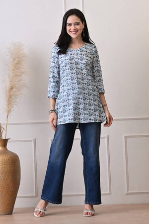 White Floral Printed Rayon Short Kurti