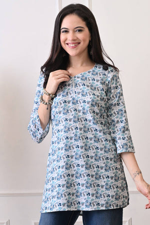 White Floral Printed Rayon Short Kurti
