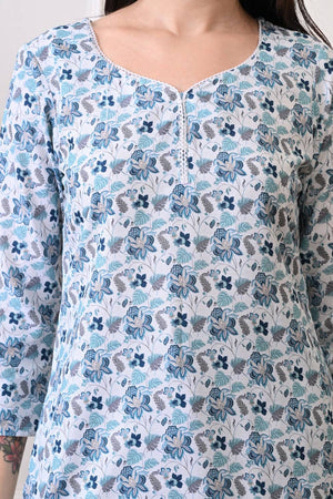 White Floral Printed Rayon Short Kurti