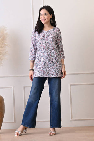 Multi Color Floral Printed Rayon Short Kurti