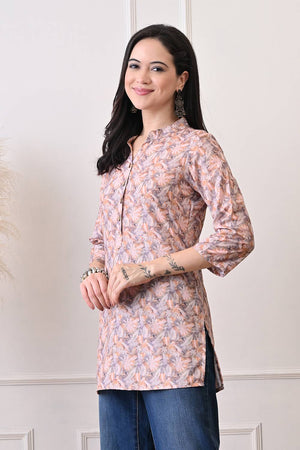 Orange Floral Printed Rayon Short Kurti