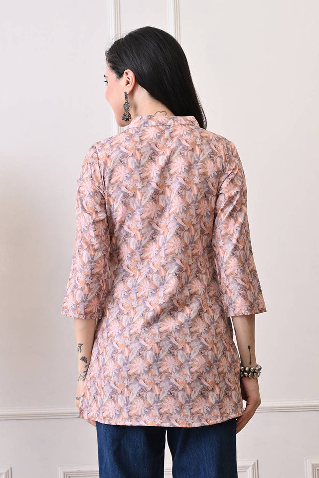 Orange Floral Printed Rayon Short Kurti