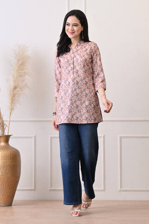 Orange Floral Printed Rayon Short Kurti