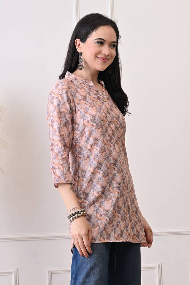 Orange Floral Printed Rayon Short Kurti