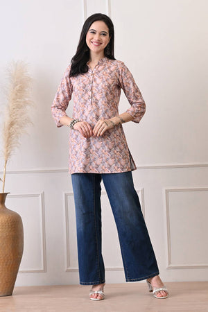 Orange Floral Printed Rayon Short Kurti