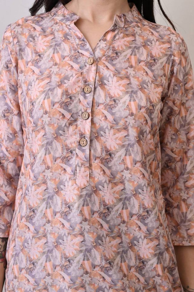 Orange Floral Printed Rayon Short Kurti