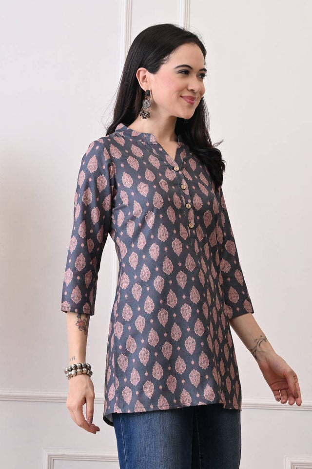 Green Printed Rayon Short Kurti