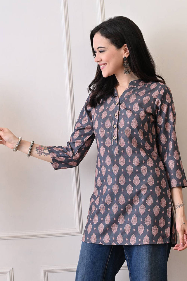 Green Printed Rayon Short Kurti