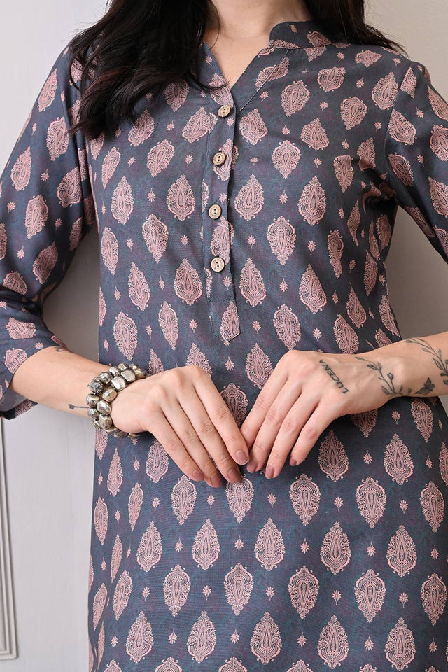 Green Printed Rayon Short Kurti