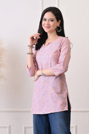 Peach Printed Rayon Short Kurti