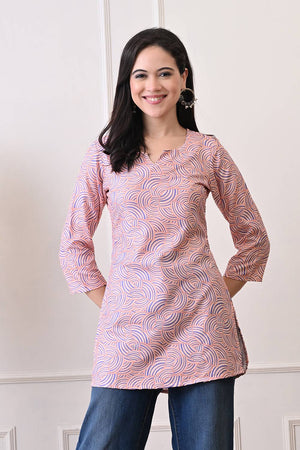 Peach Printed Rayon Short Kurti