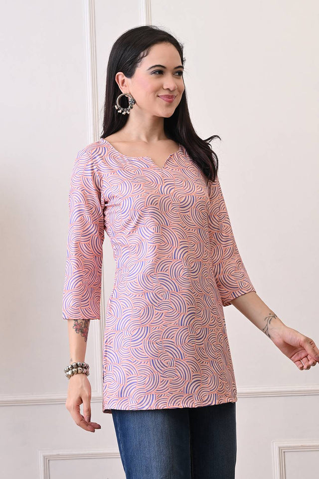 Peach Printed Rayon Short Kurti