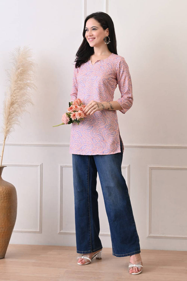 Peach Printed Rayon Short Kurti