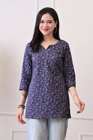Blue Printed Rayon Short Kurti