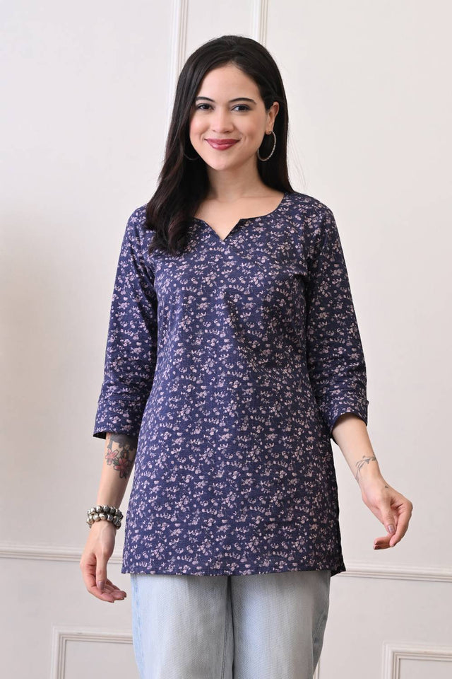 Blue Printed Rayon Short Kurti