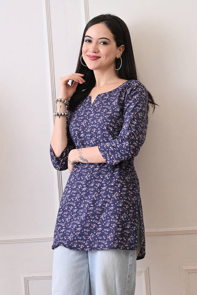 Blue Printed Rayon Short Kurti