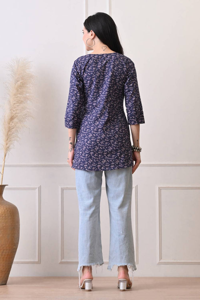 Blue Printed Rayon Short Kurti