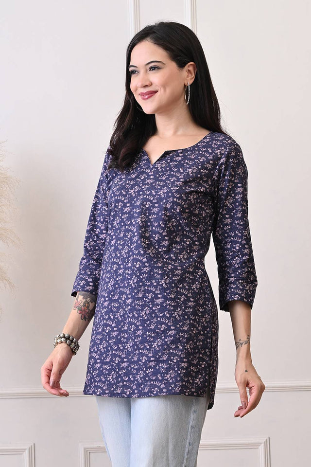Blue Printed Rayon Short Kurti