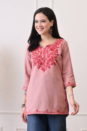 Peach Embroidered Cotton Blend Short Kurti