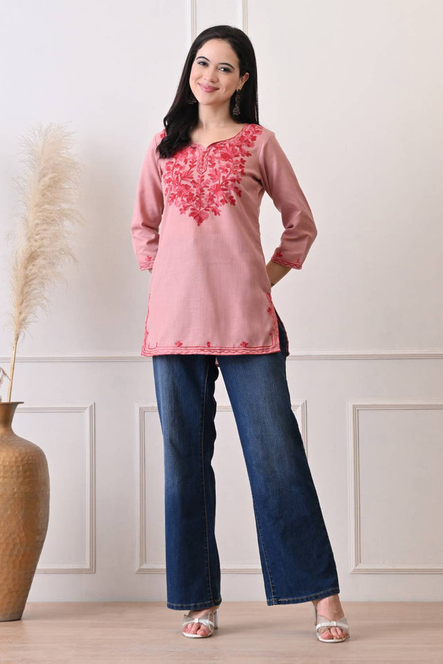 Peach Embroidered Cotton Blend Short Kurti