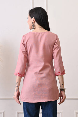 Peach Embroidered Cotton Blend Short Kurti
