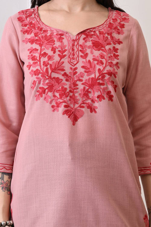 Peach Embroidered Cotton Blend Short Kurti