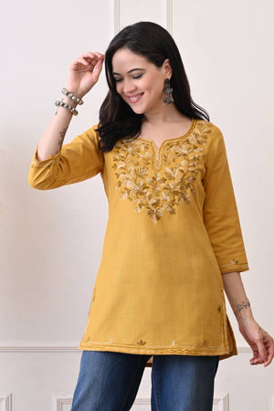 Mustard Embroidered Cotton Blend Short Kurti