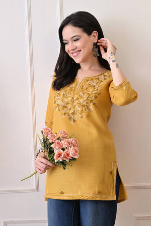 Mustard Embroidered Cotton Blend Short Kurti