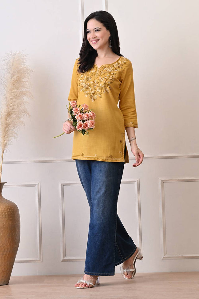 Mustard Embroidered Cotton Blend Short Kurti