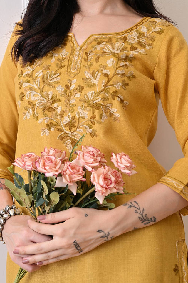 Mustard Embroidered Cotton Blend Short Kurti