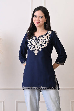Blue Embroidered Cotton Blend Short Kurti