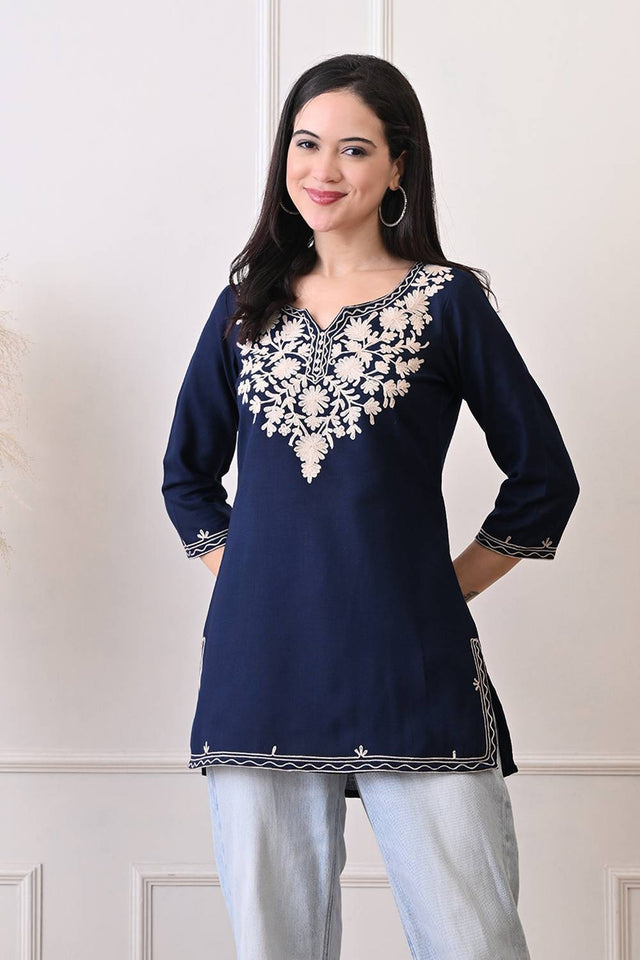 Blue Embroidered Cotton Blend Short Kurti