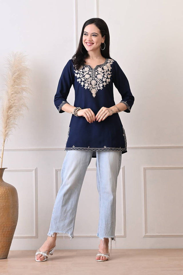 Blue Embroidered Cotton Blend Short Kurti